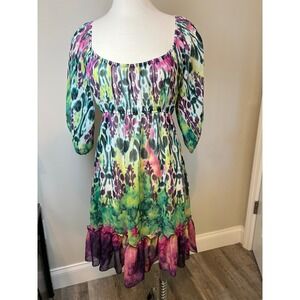Daytrip Boho Tie‎ Waist Ruffle Hem Sheer Sleeve Dress Multi Color M